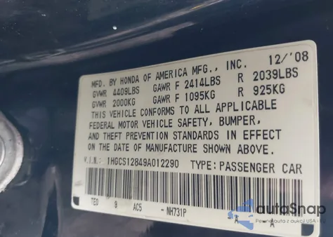2009 Honda Accord 2.4 Ex-L z USA, uszkodzony, nr VIN 1HGCS12849A012290